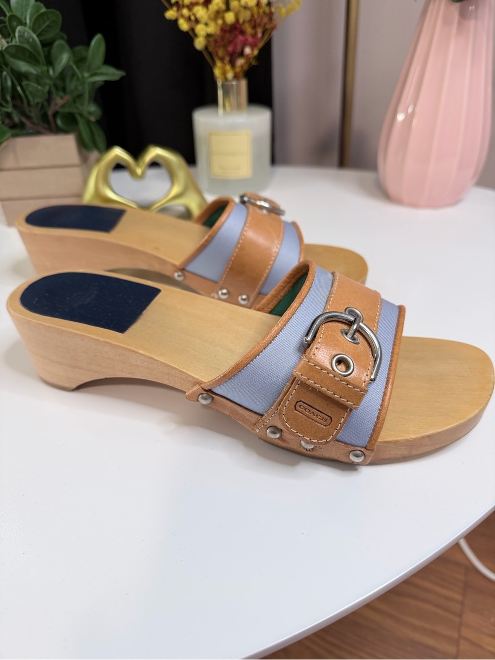Coach Tan Leather and Light Blue Canvas Slide Clogs with Silver Buckle